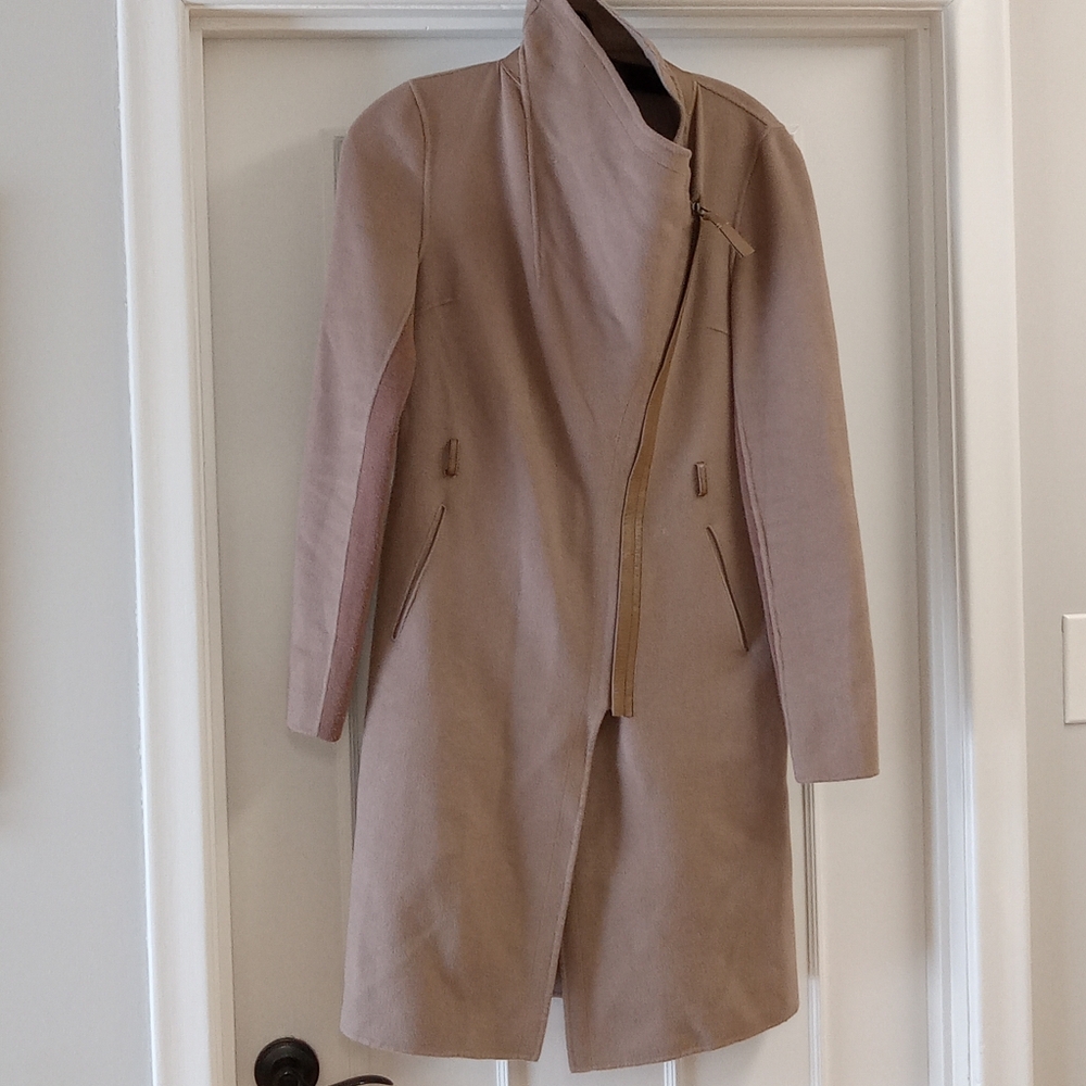 Mackage Wool Blend Asymmetrical Wrap Coat w/ Leather Trim XS